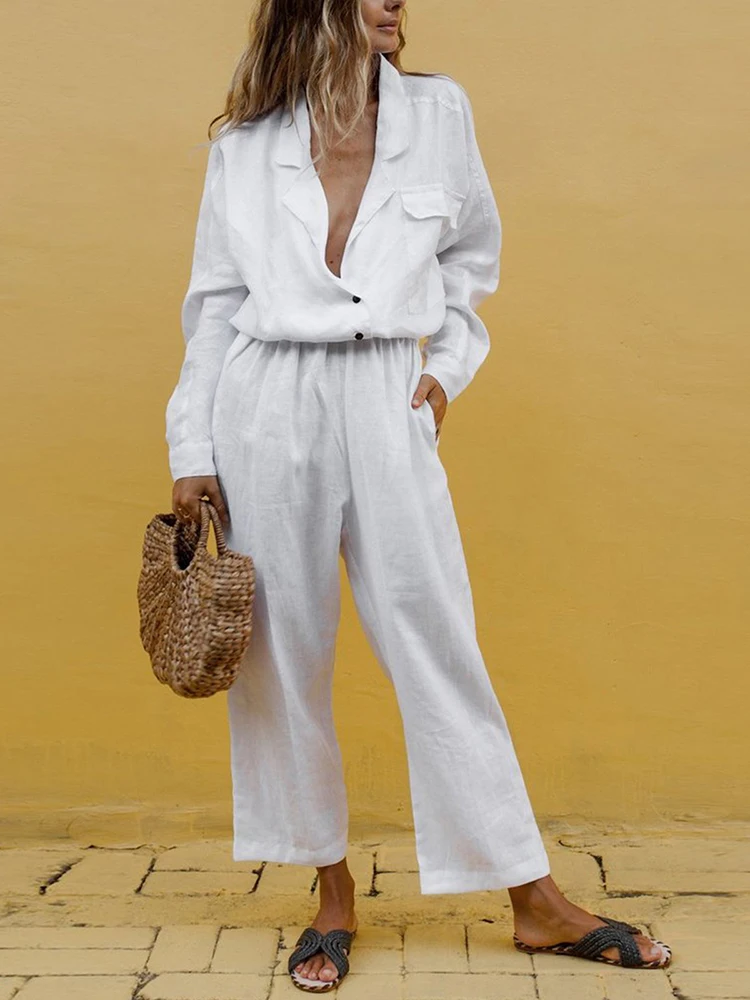 

Cotton And Linen V-Neck Pocket Casual Suit Trousers Suit 2019 Summer Two Piece Set Single Breasted Tops and Trousers Overalls