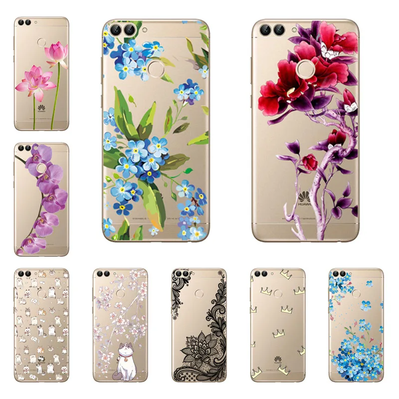 Huawei p smart Case силиконовый черный чехол с цветочным рисунком мягкая задняя крышка из
