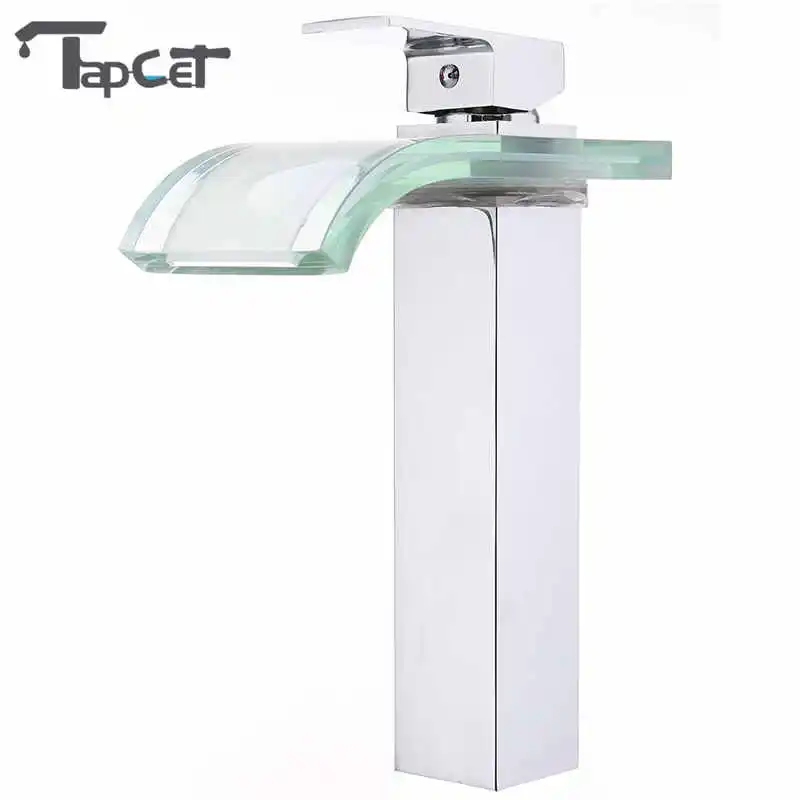 

TAPCET LED Bathroom Basin Faucet Copper Waterfall Taps Water Power Basin Led Tap Mixer 3 colors LED Change Glass Hot/Cold water