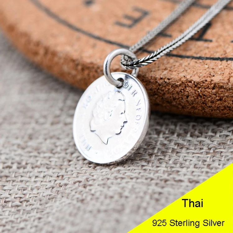 925 Sterling Silver Retro Money Coin Necklace Pendant Men & Women Pure