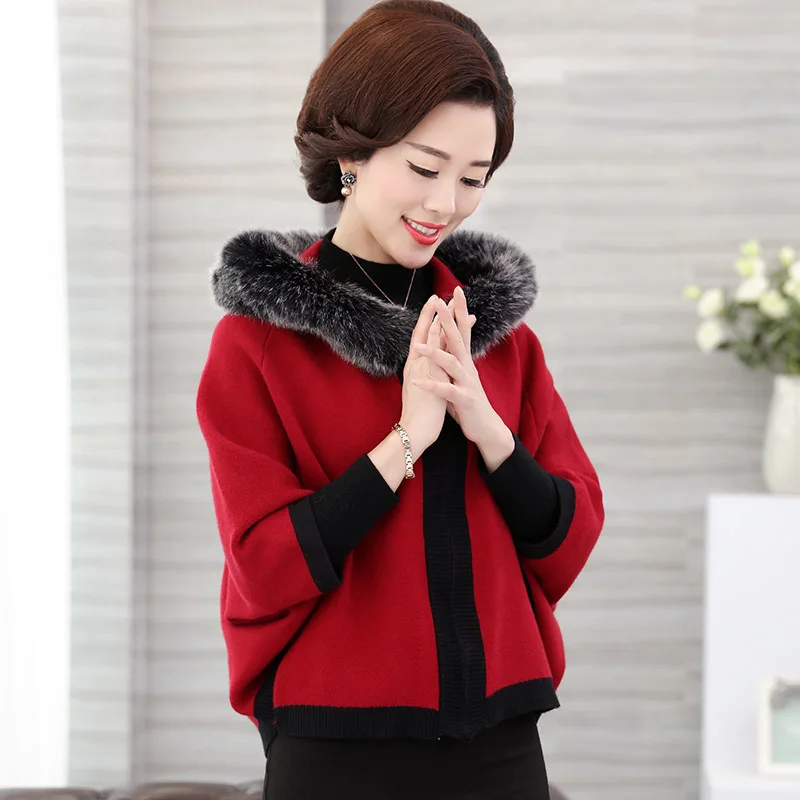Осенний высококачественный шерстяной свитер для женщин среднего возраста, пальто с рукавом летучая мышь, с капюшоном, на молнии, Модный женский плащ, кардиган, свитер T247 - Цвет: Красный