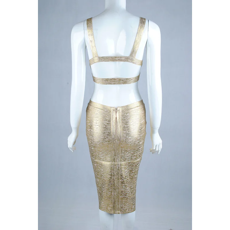 Горячая Распродажа, сексуальное бронзовое Золотое Бандажное платье с v-образным вырезом, 2 шт.,, дизайнерское модное платье, Vestido