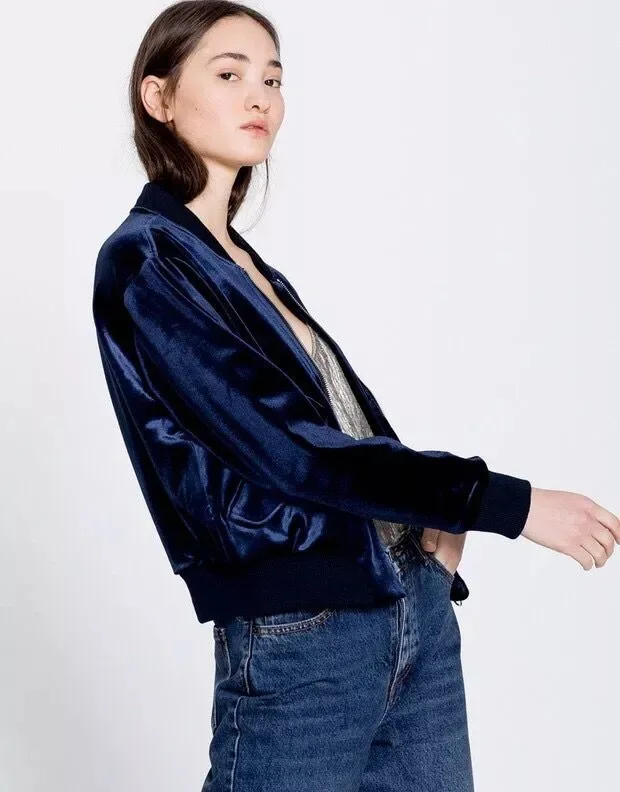 Blue velvet jacket coat Short bomber jacket with pocket