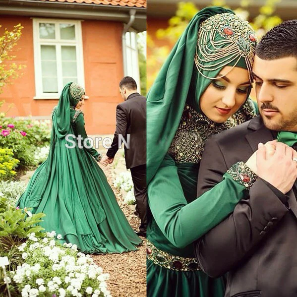 Robe De Mariage Vestido De Noiva Emerald Green Long Sleeve Crystal Beaded Floor Length font b