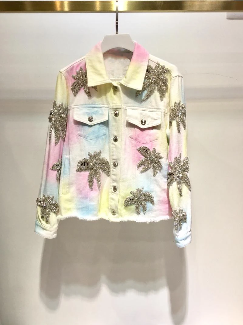 

2019 new ladies high quality fashion long sleeve lapels dyed beaded denim jacket 0612