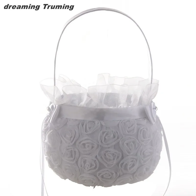 SPECIAL PRICE Romantic White Flower Girl Basket For Wedding Party Rose Flower Storage Stain Decorations For Weddings Ceremony