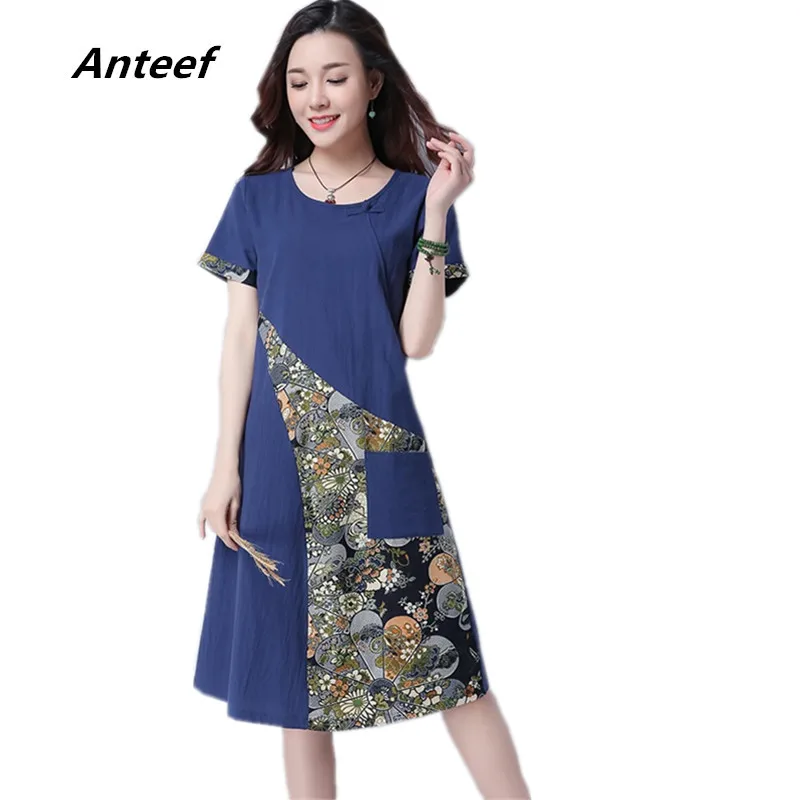 

Anteef cotton linen vintage print women casual loose midi summer dress vestidos femininos 2018 dresses