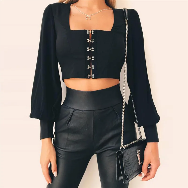 Skup Kobiety Sexy Czarny Backless Przycięte Topy I Bluzki 2018 Moda Kobiet Biały Casual Długi Rękaw Lace Up Koszulka Chemise Femme