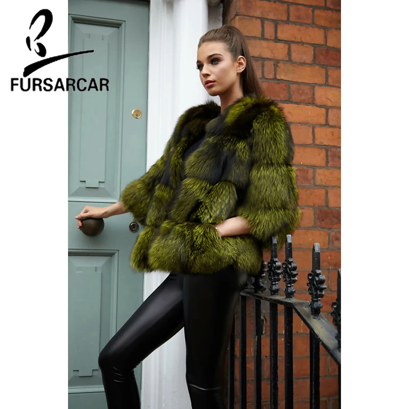

FURSARCAR Customize Women Thick Warm Fur Coat Solid Casual Luxury Slim Fur 2018 New Fashion Winter Natural Silver Fox Fur Jacket