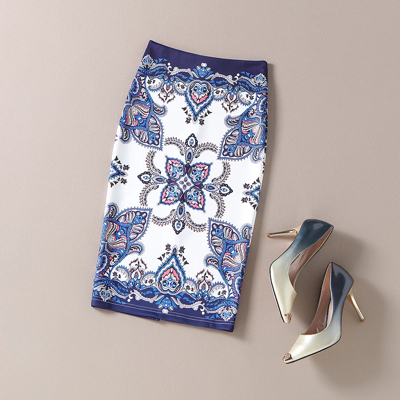 

Fashion Spring Summer Skirts Women Blue Floral Print Knee-length Pencil Skirt Split Lady Noble Bottom Slim faldas
