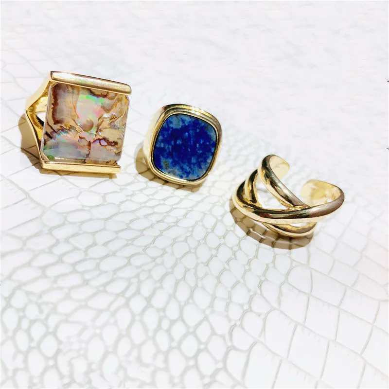 

New Punk gold color Polished Twisted Multi-layer Metal Colored seashell crystal Rings for women Fashion partyJewelry Accessories