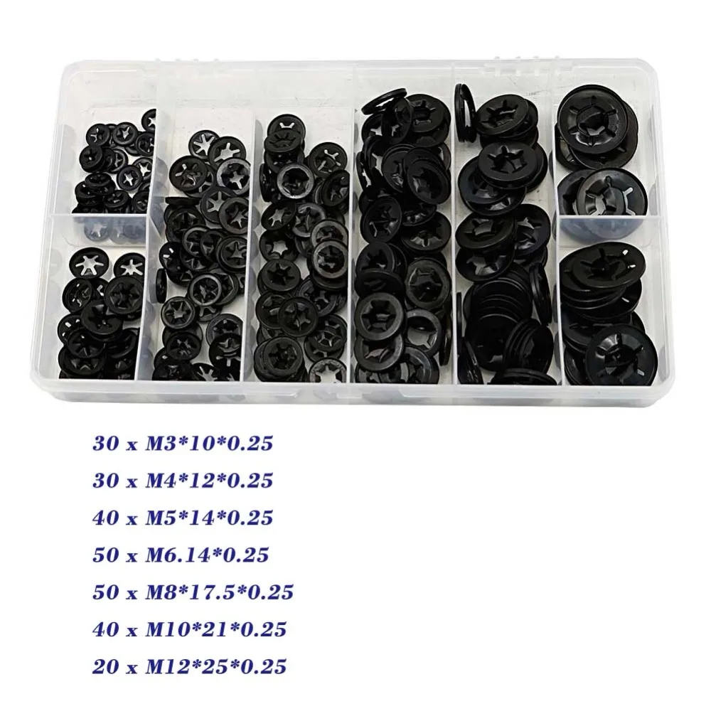 

260PCS M3*10*0.25 Push Nut Star Lock Quicklock Starlock Washer Assortment Flat Washer Shaft Fastener Hardware Gasket Black