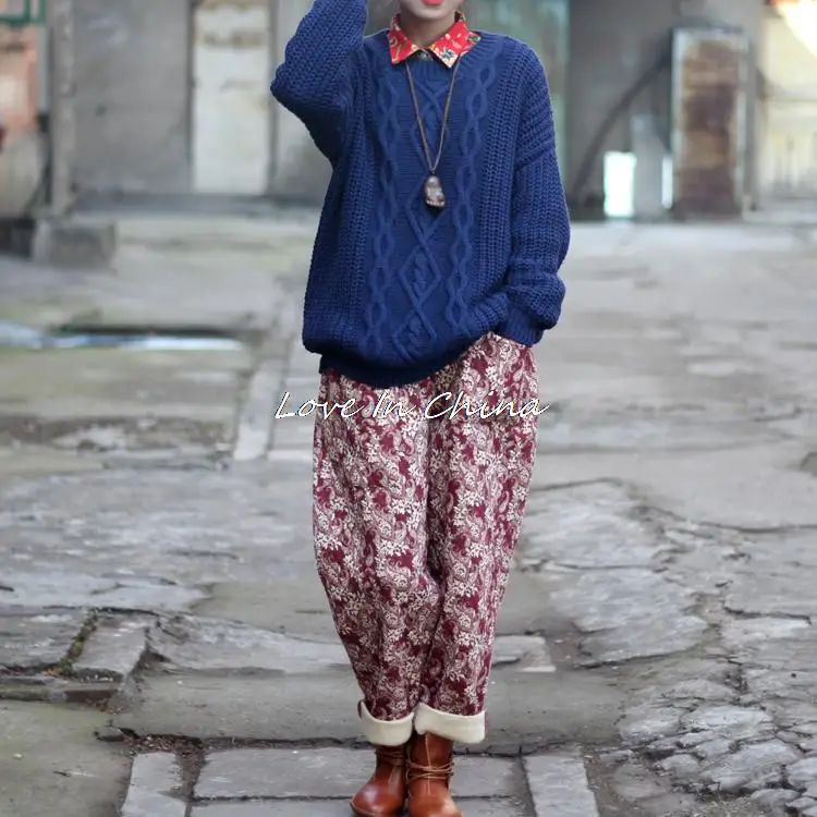 Женские винтажные зимние теплые хлопковые штаны-шаровары с эластичной резинкой на талии, свободные утепленные брюки, брюки с цветочным принтом