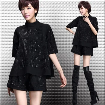 

High Street Quality Brand Womens Shorts Suit Female Diamond Turtleneck Shirt Elast Waist Pocket Mini Trousers 2018 Summer 2 Sets