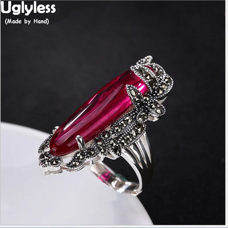 

Uglyless Real 925 Sterling Silver Natural Chalcedony Ring Vintage Marcasite Women Finger Rings Exaggerated Long Designer Jewelry