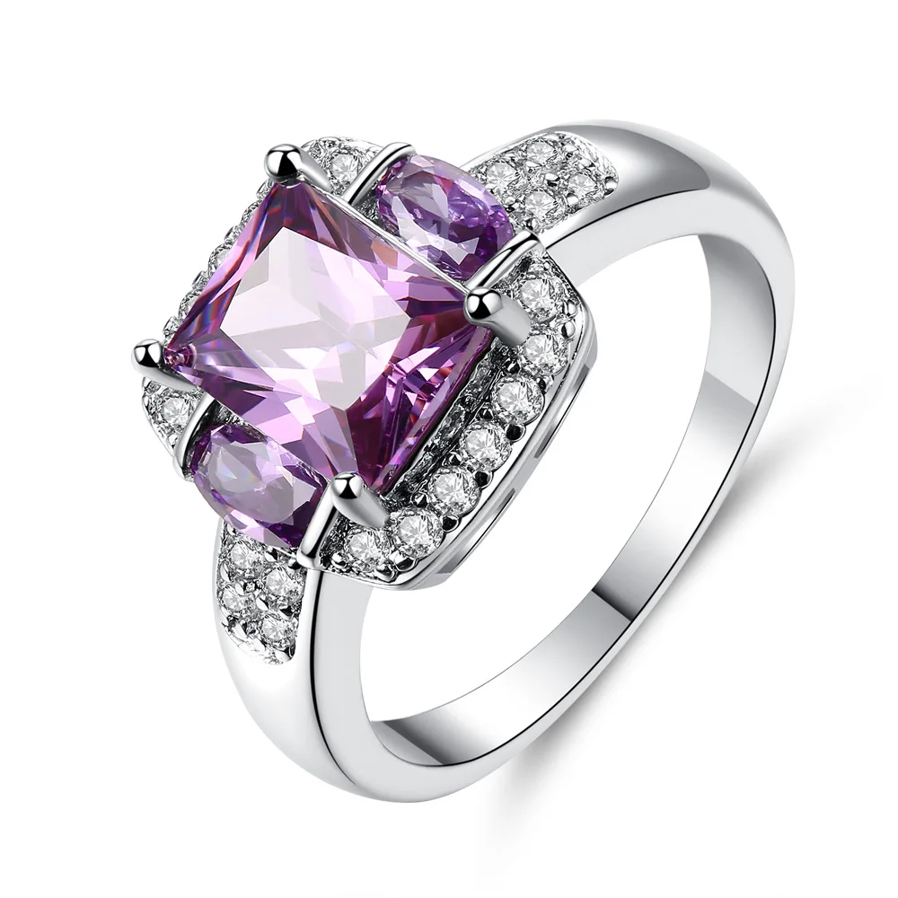 

Luxury Female Purple Square Finger Ring 925 Silver Wedding Rings For Women CZ Stone Paved Promise Engagement Ring