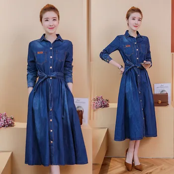 

Spring and autumn new Korean version of the long section long-sleeved shirt denim dress tide tie waist denim skirt female