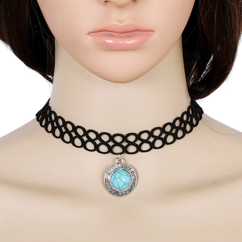 Necklace Pendant Black Brown Leather Choker With Rivet