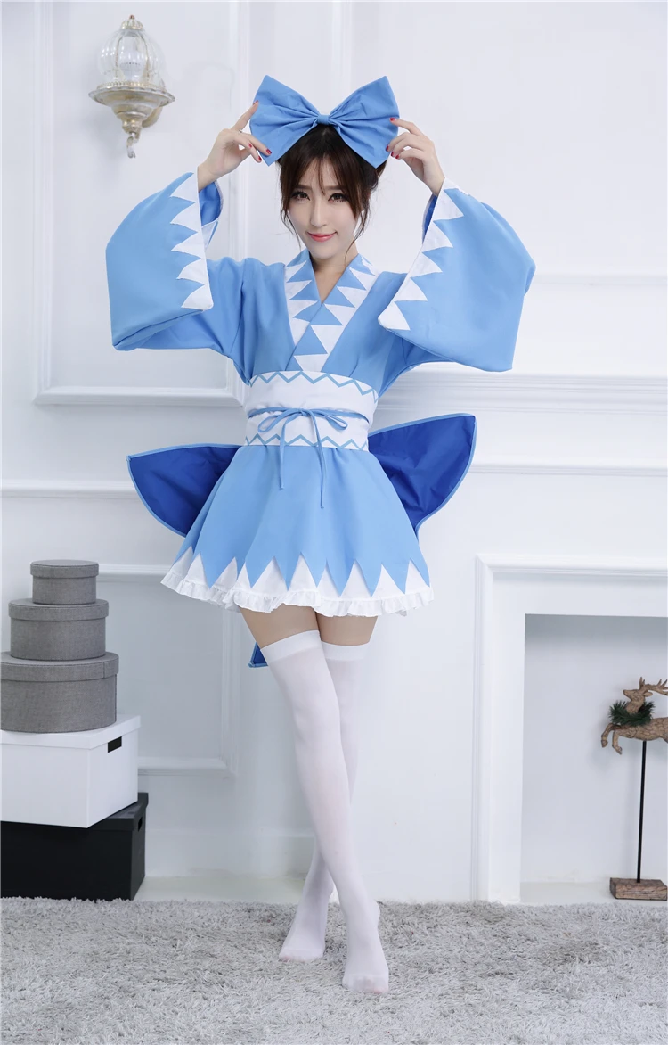 Touhou Project Cirno Кимоно костюмы косплей полный комплект синий халат (платье пояс