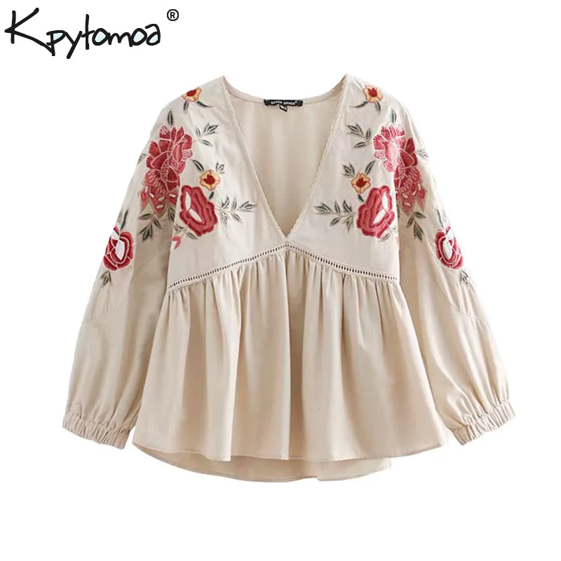 Skup Vintage, Słodki Kwiatowy Haft Patchwork Topy Kobiety Bluzki 2018 Moda V Neck Rękaw Puff Plisowana Koszule Casual Blusas Mujer