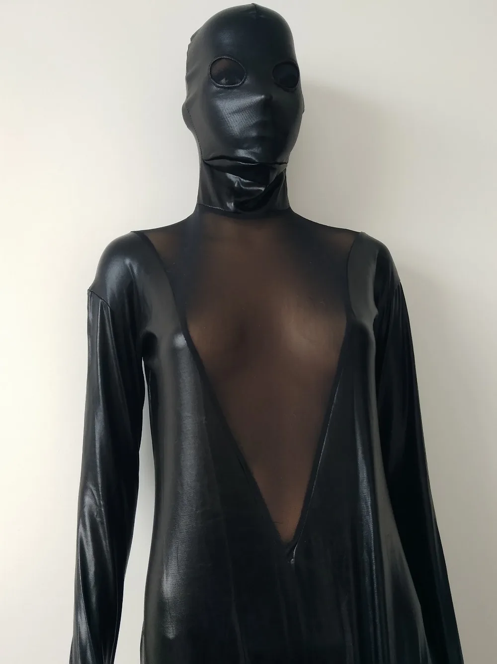 Модный черный металлик с V образной сеткой полный боди zentai унисекс лайкра