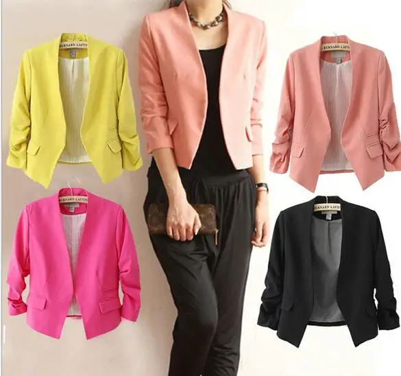 

European and American style no buckle small suit women's style nine-point sleeves solid color puff sleeve short decoration