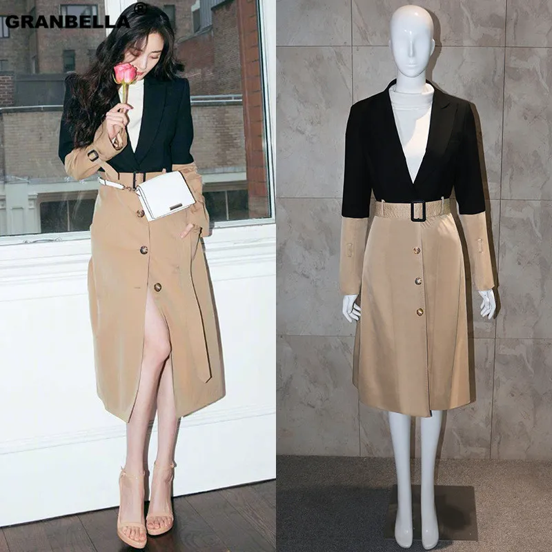 

Spring Winter Runway Blazer Style Long Trench Coat Streetwear Office Lady Patchwork Long Sleeve Elegant Belted Outerwear Cloak
