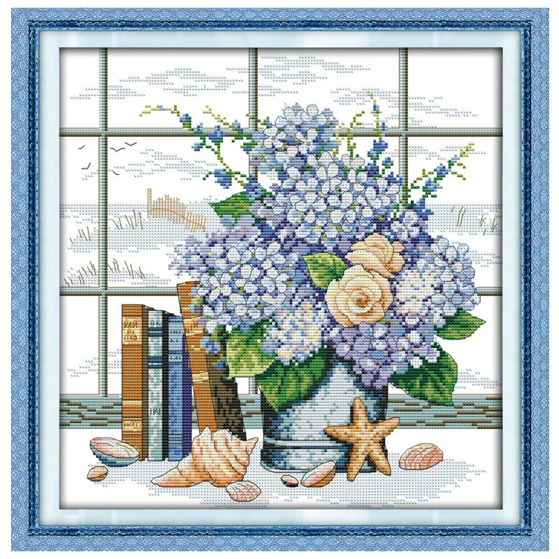 Blue Elegant Flowers Counted Cross Stitch 11CT Printed 14CT Cross