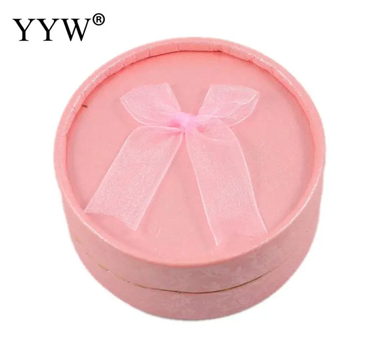 

24PCS Wholesale Jewelry Box Gift Boxes With Organza Knot Earring &Ring Display Round Box For Jewelry Pink Color 55x39x55mm