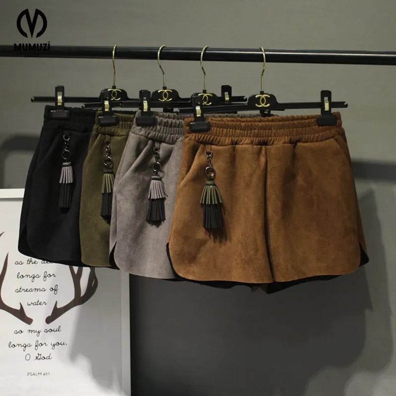 

MUMUZI 2017 Women Elegant Summer autumn Faux Suede leather Shorts zipper Pockets Casual Brand Female side open short trousers