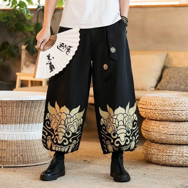 

Spring and summer Chinese style linen tie dyed printed lanterns retro loose large size elastic waist men's cotton trousers