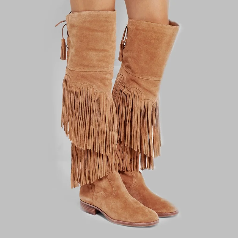 borla La Botas Franja De As Plana Picture Alta Calidad Encima Zapatos Caballero Rodilla Encaje Invierno Por Moda Marrón Mujer wFvXqX