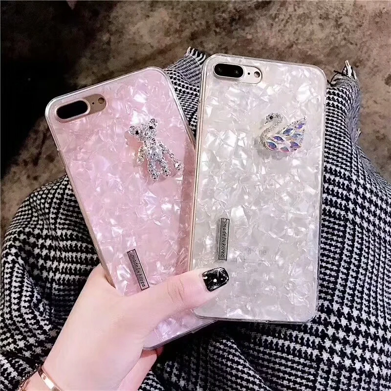 Aoweziic New Korea cute 3D DIY rhinestone toy bear marble phone shell For iphone6s case X XS MAX XR 7 8plus swan cover girl bear