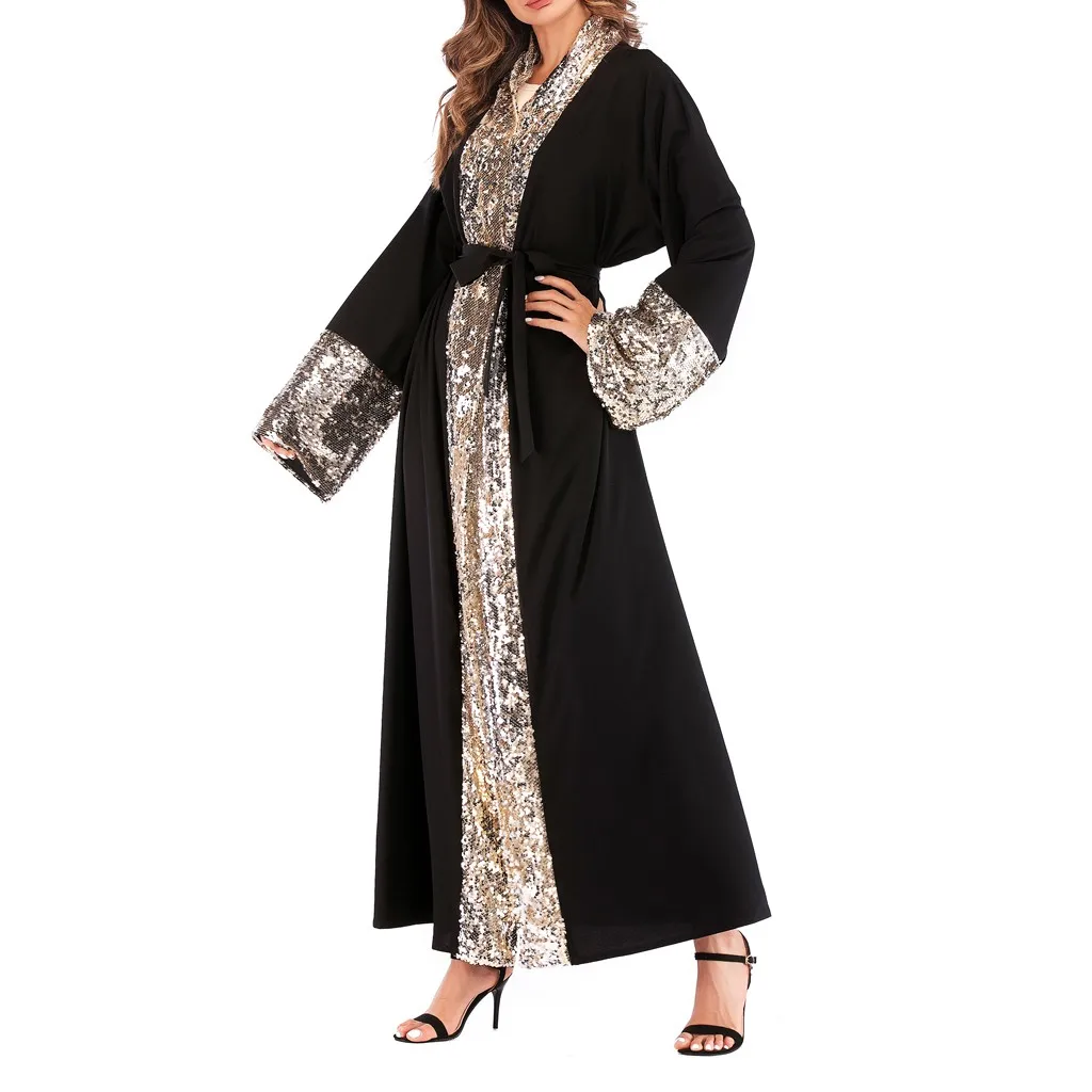 Women s National Cardigan Robe Abaya Islamic Muslim Middle East Long Sleeve Robe Sequined Bandage Dress 4.13