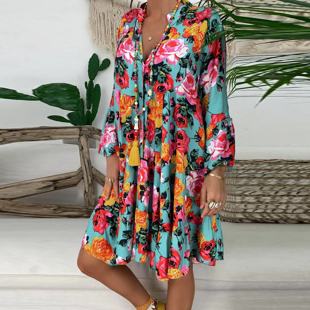 

Loose Casual Dress Women Summer 2019 New Floral Maxi Beach Dress Plus Size Ladies Long Sleeve Short Cotton Dress For Women 5XL