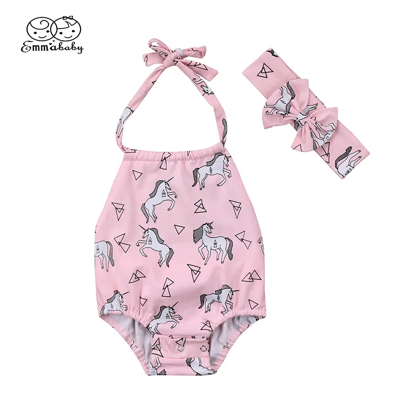 

2018 Summer Newborn Baby Girl Unicorn Clothes Sleeveless Backless Strap Baby Bodysuit Jumpsuit Headband 2PCS Outfit Sunsuit