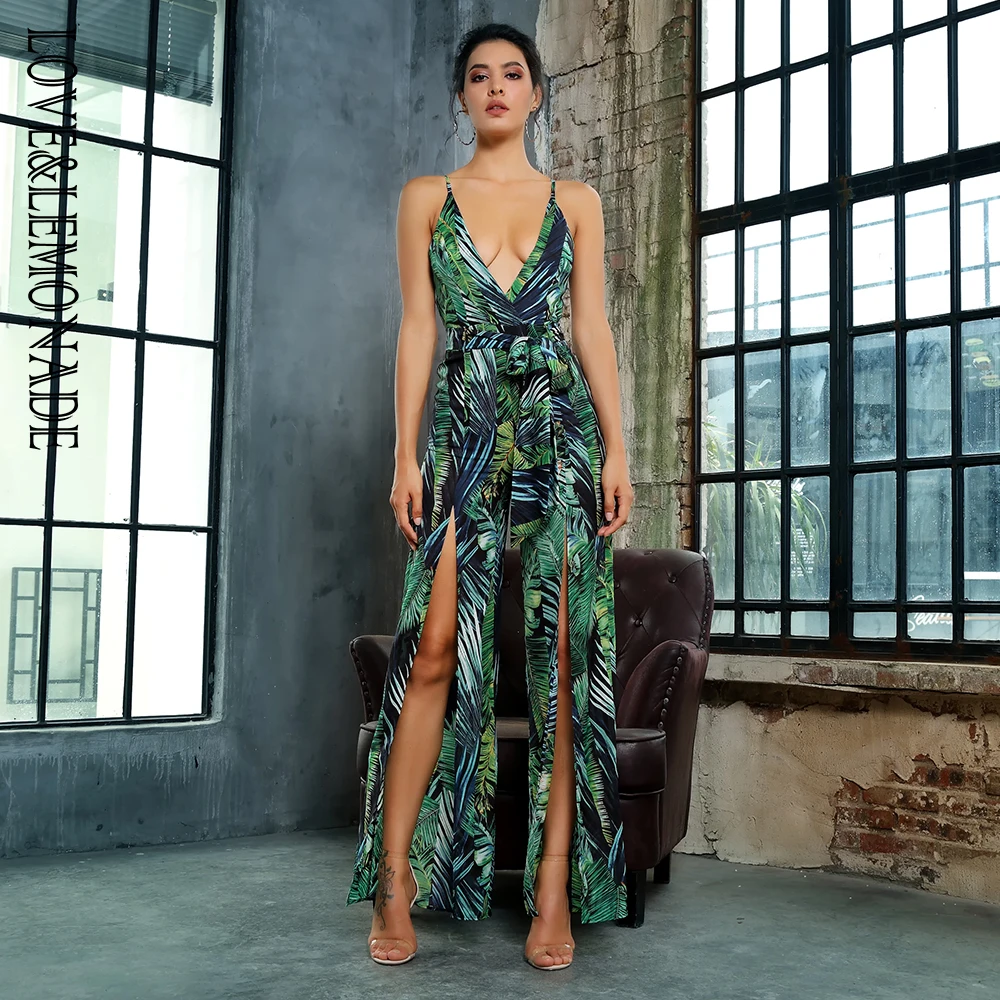 Love&Lemonade Sexy V Neck Cut Out Green Leaves Jumpsuit LM81419in