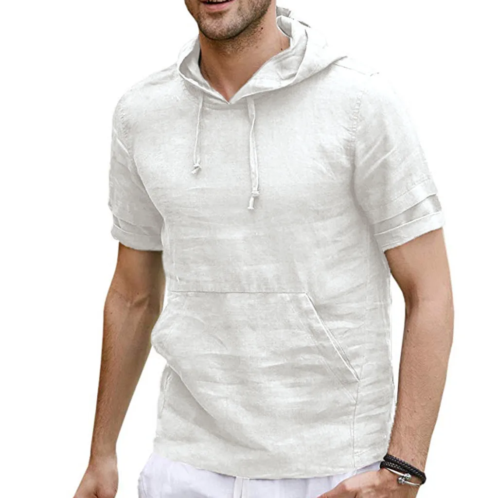 

Casual Men Hoodies Short Sleeve Cotton Linen T Shirt With Pockets Pullover Male Summer Retro Streetwear Tops Camisetas Hombre 5#