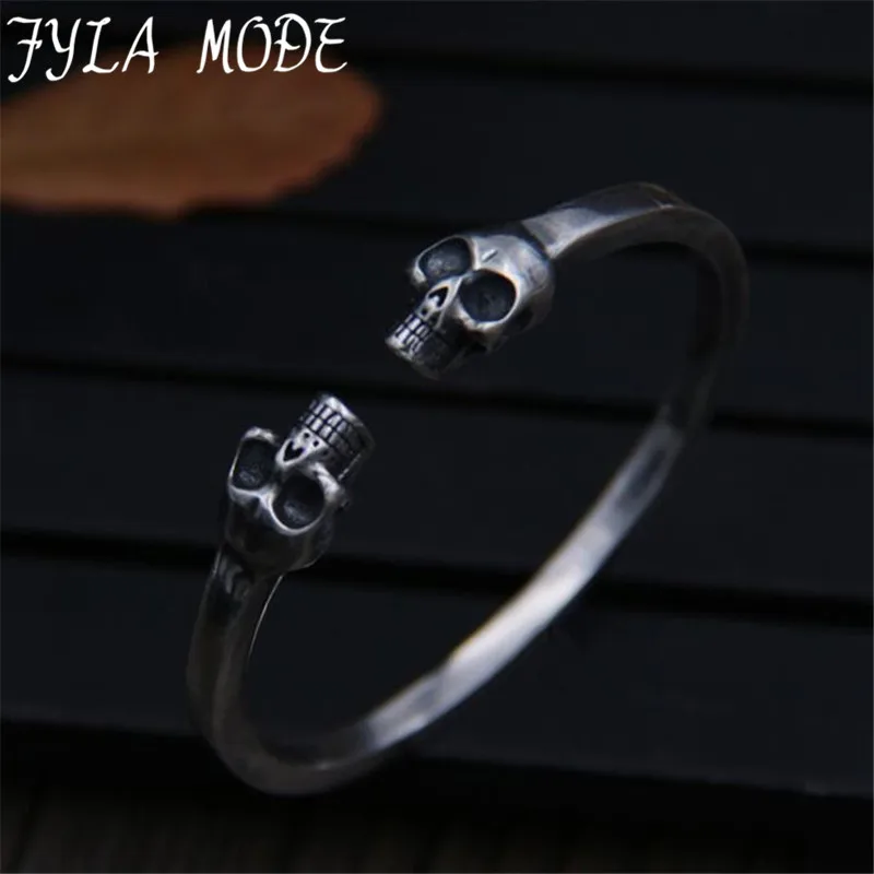 

Famous Brand S925 Sterling Silver Basic Cuff Bangle Skull Head Bracelet Opening Bangle with Double Skeleton Charms Punk Cool