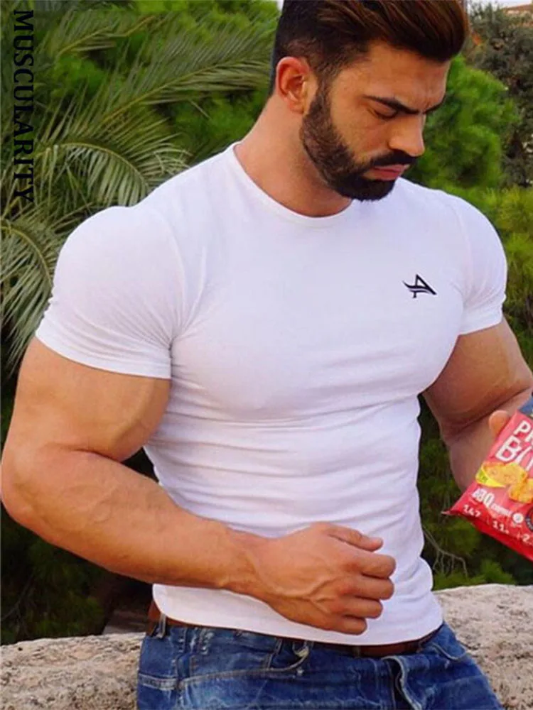 

2018Summer mens Brand clothing Fashion Fitness t Shirt Casual Bodybuilding Muscle male Short sleeve Slim Cotton Tee tops apparel