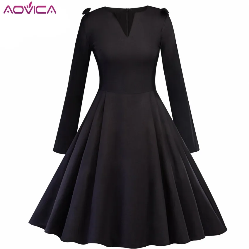 

Aovica 1950s Vintage Black Long Sleeve Dresses Women Spring Autumn A-Line V-Neck Elegant Female Party Vintage Dresses New