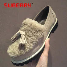 SUBERRY New 2016 Fashion Thick Sheep Fur Woman Loafers Slip On High Quality Genuine Leather Women Winter Warm Flats Big Size 40