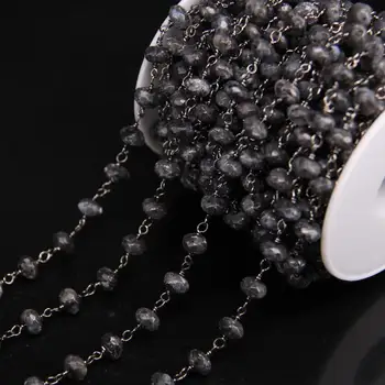 

5x8mm Black Labradorite Faceted Rondelle Chain,Gun Black Color Wire Wrapped Link Natural Stone Rosary Chain,Necklace Jewelry