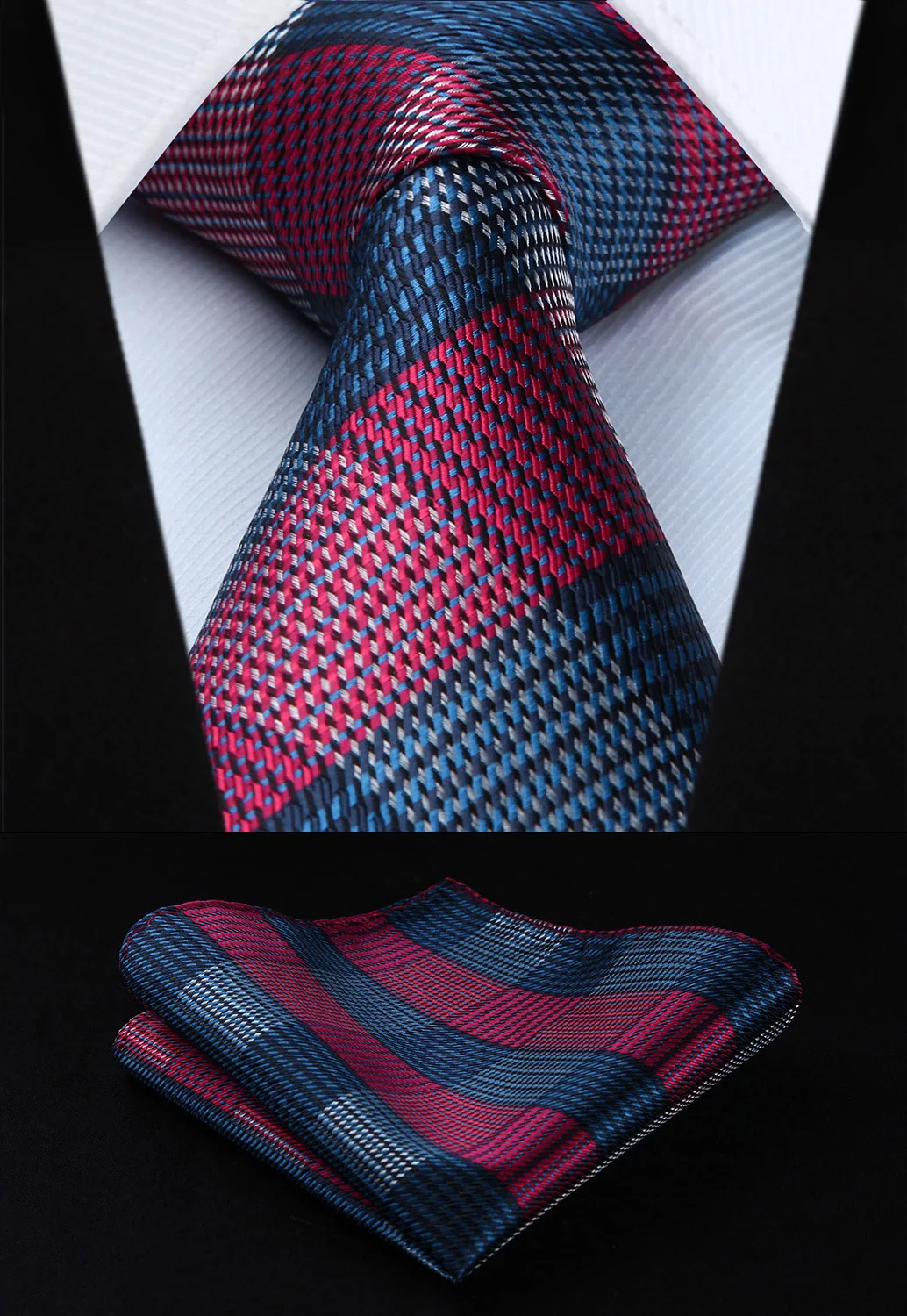 TG601R8S Red Blue Check 3.4" Silk Woven Men Tie Necktie Handkerchief
