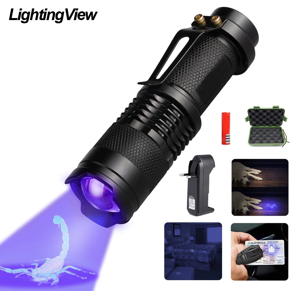 

UV LED Black Light Flashlight Zoomable Ultraviolet Torch Use for Pet Urine Stain Scorpion Money Chemical Materials Detector