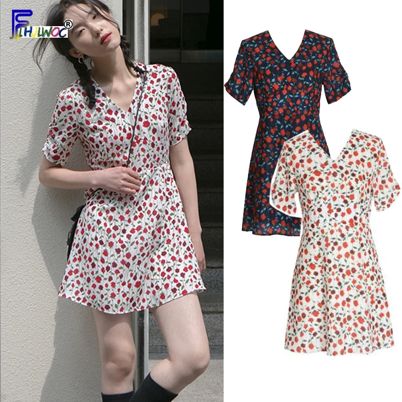 

A Line Dresses Summer Women Korean Japan Preppy Style Clothes V Neck Party Floral Print Vintage Dress Cute Mini Tunic 5126