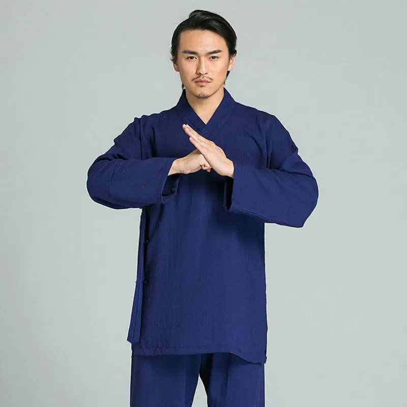 Летний льняной комплект кунг-фу с длинным рукавом, китайский традиционный мужской костюм для утреннего Танга свободного размера плюс, одноцветная рубашка и штаны в стиле Тай-Чи, 3XL