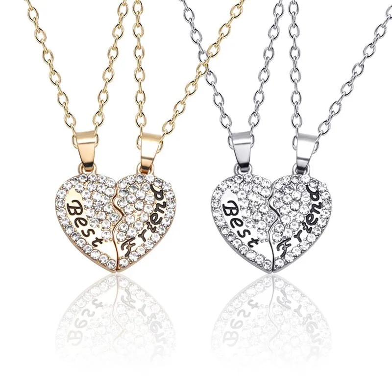 2PCS / Set Best Friend Gold corlour Full Rhinestone Stitching Heart Pendant Alloy Black Letter Necklace Girlfriend Jewelry Gift | Украшения