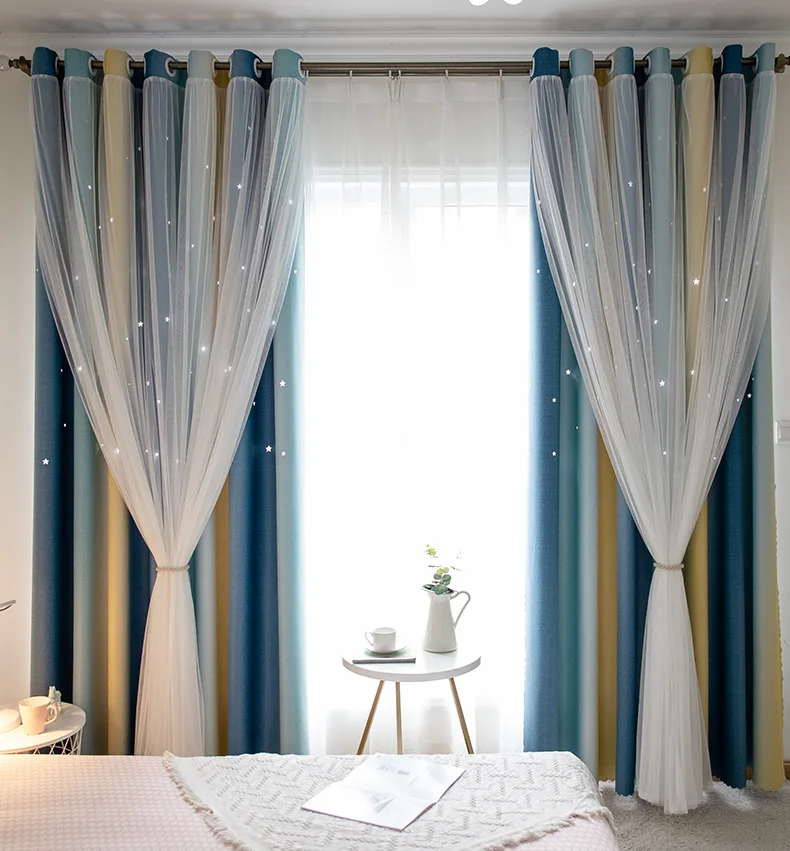 Скандинавские градиентные полосы полые звезды затемненные занавески s для гостиной спальни вуаль шторы синий градиент затемненные занавески 129#4