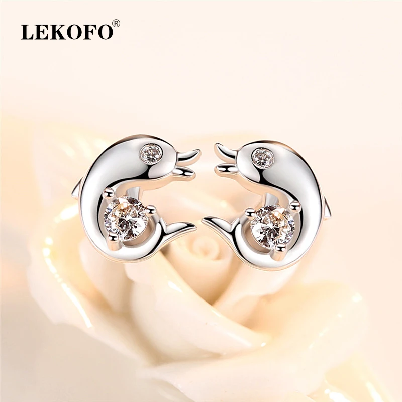 

LEKOFO Creative Dolphins Design Crystal Stud Earrings Fashion Women Jewelry Accessories 925 Sterling Silver Earrings